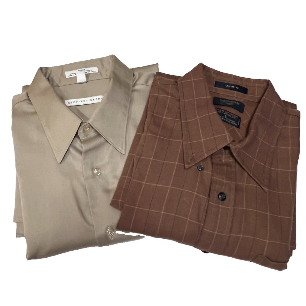 2 x Dress Shirt L Button Long Slv Geoffrey Beene Tan Sateen, Dockers Plaid Brown